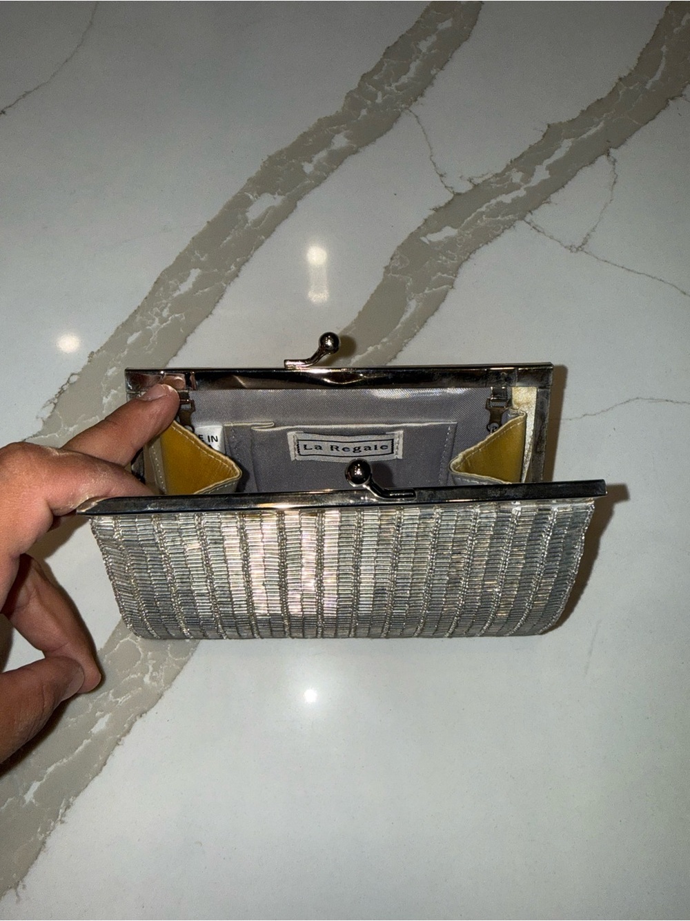 La Regale Vintage 80’s Silver Beaded Luxury Evening Clutch Metallic Clasp